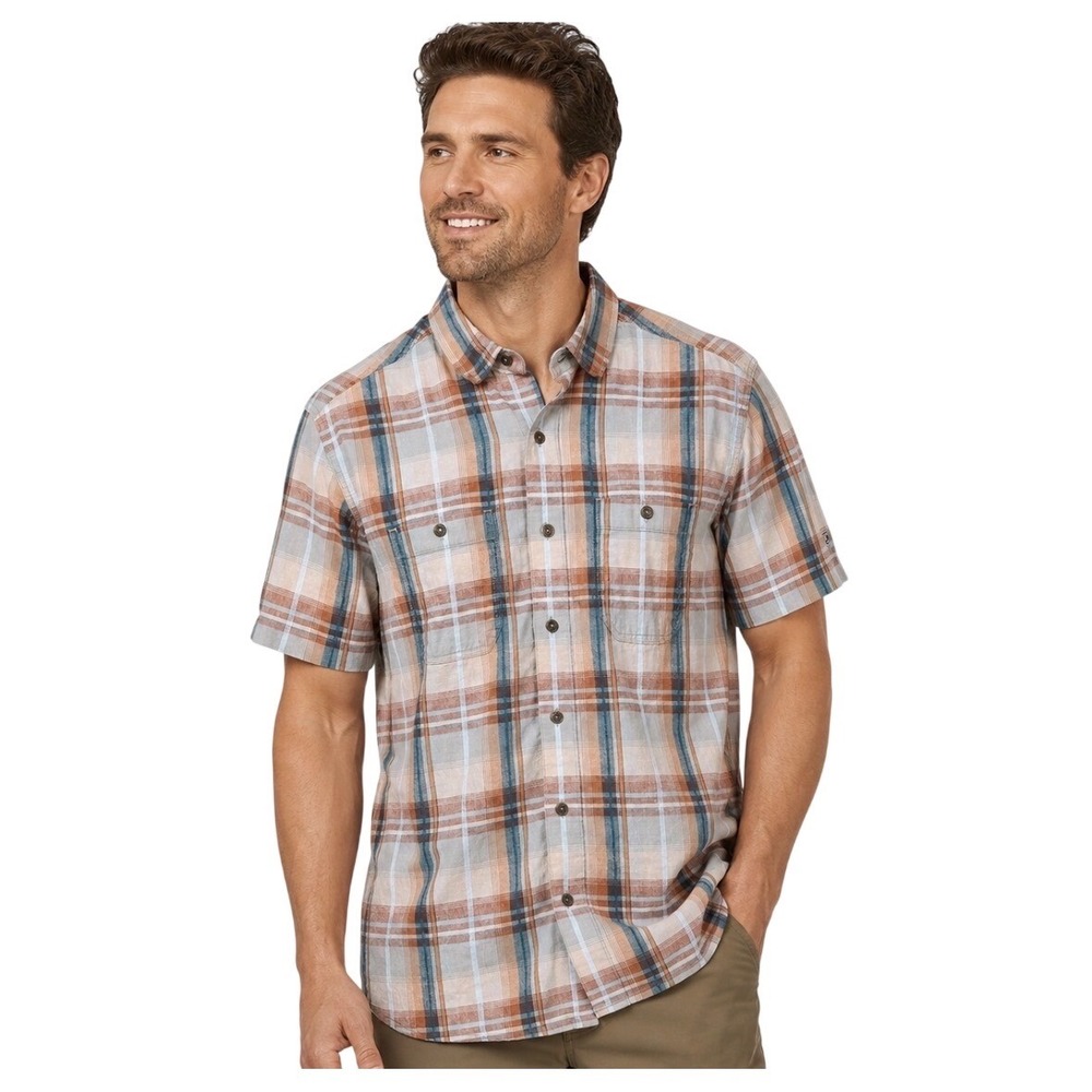 KUHL Mens Medium Response Short Sleeve Shirt Plaid Linen Cotton Button Down Blue